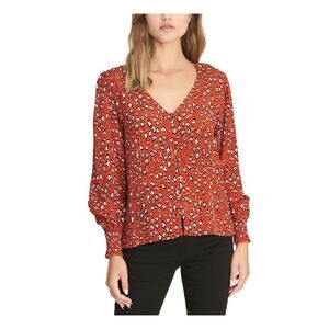 SANCTUARY Womens Red Smocked Buttoned Animal Print Long Sleeve V Neck Top XS